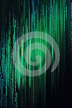 Glowing green interference lines and pixels on black, created using generative ai technology