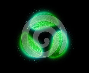 Glowing green leaves in a circular motion created by green leaves on a black background