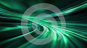 Glowing green light trails representing data transfer and speed