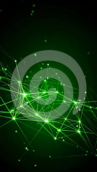 Glowing green network of connected points and lines representing technology and data communication