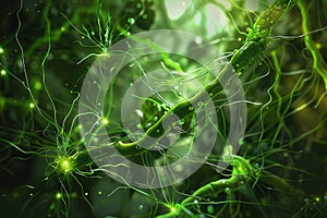 Glowing green neuron-like botanical structures. Scientific visualization, educational content, digital art., AI Generated
