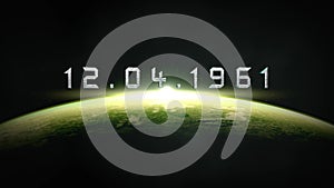 Glowing green planet with the date 12.04.1961
