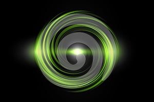 Glowing green spiral with light circle on black sky backdrop, abstract background