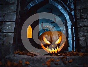 Glowing Halloween Jack O\'Lantern, in front of castle gates.