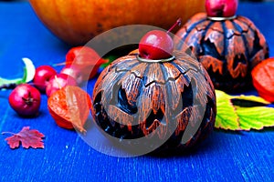 Glowing Halloween pumpkin heads jack o lantern