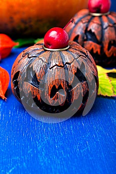 Glowing Halloween pumpkin heads jack o lantern