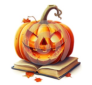 Glowing Halloween pumpkin on top of an open story book, concept image for eerie Halloween stories. Digital illustration isolated