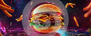 Glowing hamburger with fries in neon futuristic setting