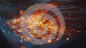 Glowing hands typing on illuminated keyboard