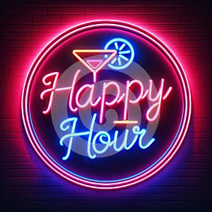 Glowing Happy Hour Neon Sign on Brick Wall