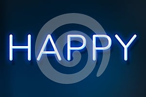 Glowing happy retro blue neon sign text