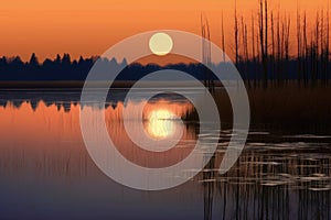 glowing harvest moon reflecting on a calm lake