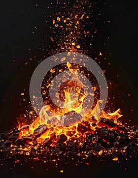 Glowing Heap of Red Hot Coal Embers with Sparks on Dark Background
