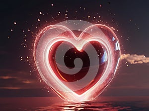 Glowing heart shape on a dark sea background. 3D Rendering