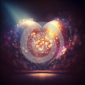 Glowing heart shaped glass on spot light. Romantic concept wallpaper.