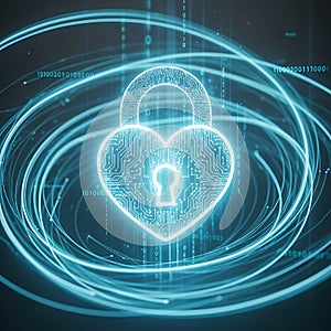 Glowing heart shaped padlock symbolizing digital security and protection