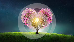 Glowing heart-shaped tree on meadow. Starry sky. Love, Valentine\'s Day, romantic