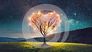 Glowing heart-shaped tree on meadow. Starry sky. Love, Valentine\'s Day, romantic