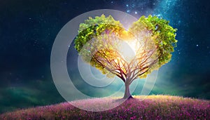 Glowing heart-shaped tree on meadow. Starry sky. Love, Valentine\'s Day, romantic