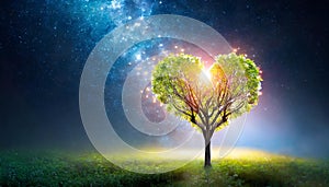 Glowing heart-shaped tree on meadow. Starry sky. Love, Valentine\'s Day, romantic