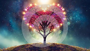 Glowing heart-shaped tree on meadow. Starry sky. Love, Valentine\'s Day, romantic