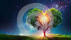 Glowing heart-shaped tree on meadow. Starry sky. Love, Valentine\'s Day, romantic