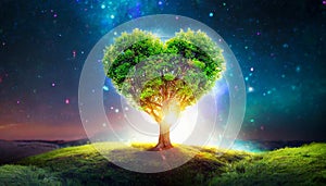 Glowing heart-shaped tree on meadow. Starry sky. Love, Valentine\'s Day, romantic