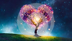 Glowing heart-shaped tree on meadow. Starry sky. Love, Valentine\'s Day, romantic