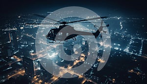 Glowing helicopter hovers mid air over city skyscrapers at dusk generated by AI