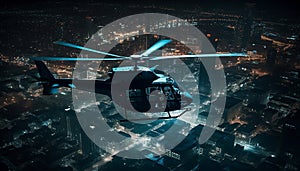 Glowing helicopter propeller illuminates cityscape during night airshow performance generated by AI