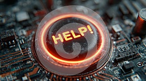Glowing HELP button on futuristic circuit board