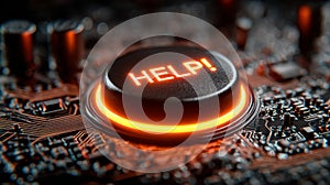 Glowing HELP button on futuristic circuit board