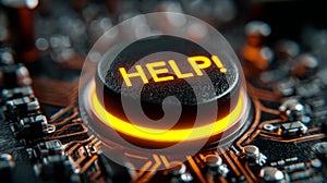 Glowing HELP button on futuristic circuit board