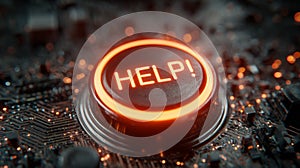 Glowing HELP button on futuristic circuit board