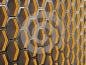 Glowing hexagonal cells on a gray background. Abstract background with geometric structure. Texture with honeycombs. 3d rendering