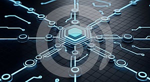 Glowing hexagonal circuit network on dark grid background