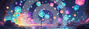 Glowing hexagonal patterns with light beams connecting them