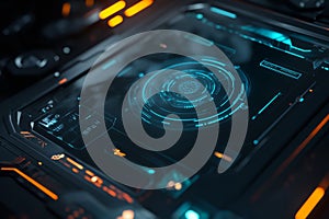 A glowing holographic interface, floating in deep cyberspace, displaying complex data charts,