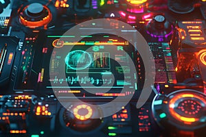 A glowing holographic interface, floating in deep cyberspace, displaying complex data charts,
