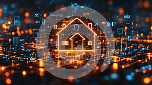 Glowing holographic smart home interface displays connected features at night