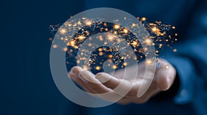 Glowing Holographic World Map in Hands Connectivity Elements for Visualizing Global Interactions,Generative AI