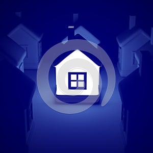 Glowing home on blue background, idea concept. 3d rendering of a lot of houses and a bright house in the middle.