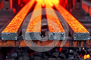 Glowing Hot Steel Bars on Conveyor Belt in Industrial Manufacturing Process