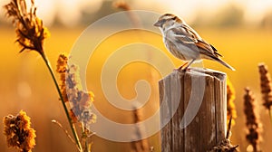 Glowing House Sparrow Perched On Wooden Board In Lush Field