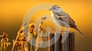Glowing House Sparrow On Wooden Post In Lush Cornfield