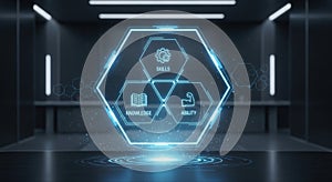 Futuristic Tech Center, Modern holographic interface managing analytics and security data