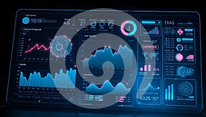Glowing hud interface displaying various data visualizations and statistics on a dark background screen