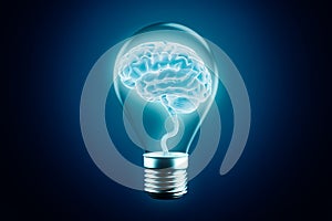 Glowing human brain cortex in a lightbulb on a blue background. 3d rendering illustration. Idea, intelligence or intellect,