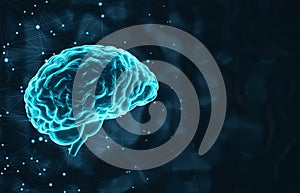 A glowing human brain on a dark blue background