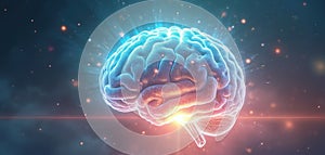 Glowing human brain illustration with active neural network. Abstract mind represents intelligence ideas, thinking process.
